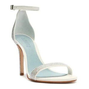 Schutz Sandalia Salto Alto Beaded Stiletto White Silver Heel